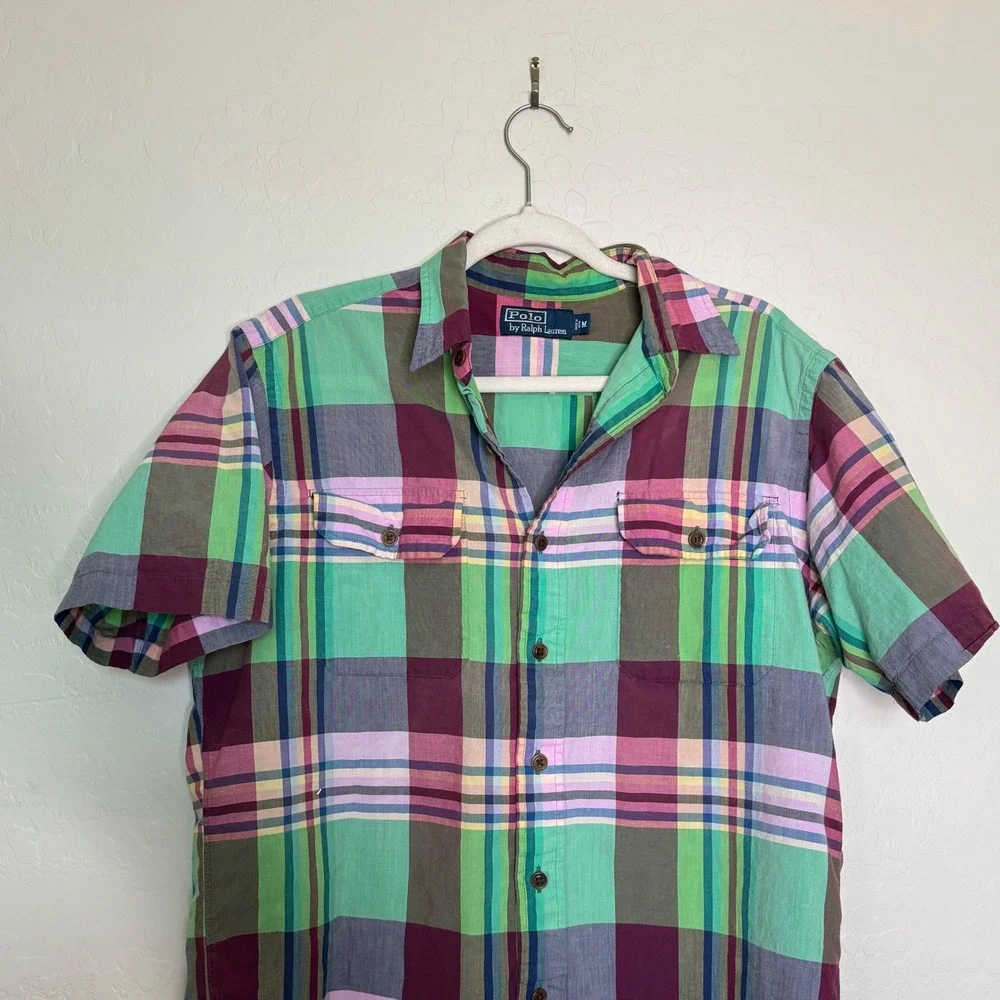 Polo Ralph Lauren Mens Cotton Shirt M Green Plaid Short Sleeve Madras Preppy